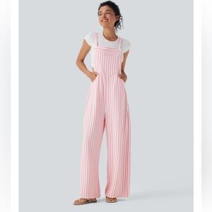 HALARA Pockets Stripe Waffle Overalls in Pink Stripe Size Large